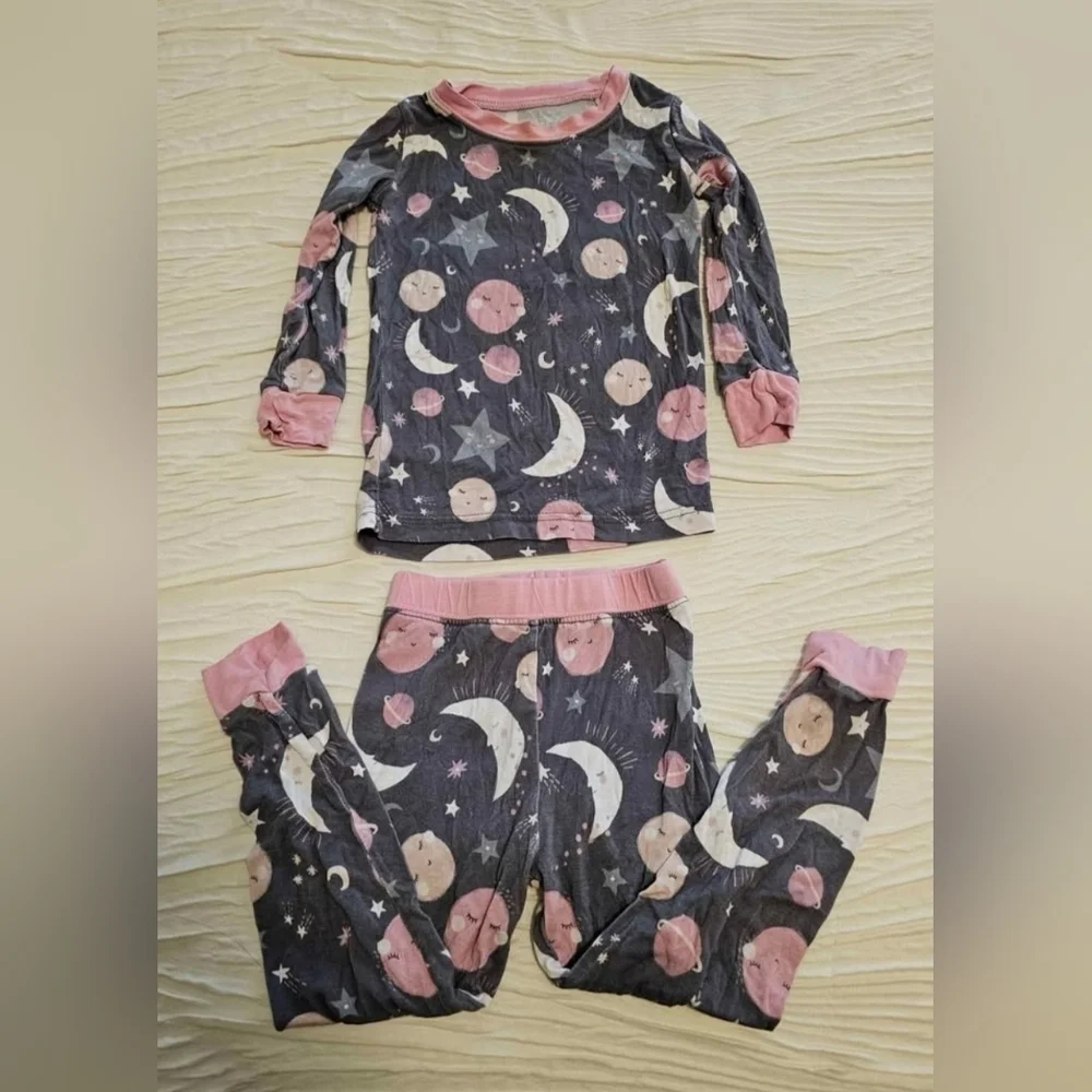 Little Sleepies Moon and Stars Pajama Set - Pink and Black